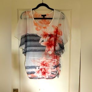 Espresso blouse, floral, sheer batwing sleeve, size L